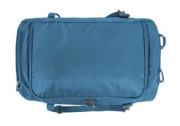 A blue outdoor sports bag with multiple compartments and a logo, designed as a duffle bag.