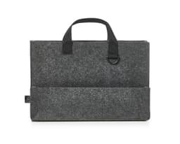 A grey felt bag with two handles and a front pocket, featuring a branding logo.