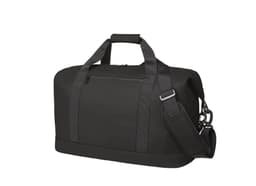 A black duffle bag with sturdy handles and an adjustable strap, featuring a zippered pocket on one side.
