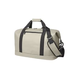 A light grey duffle bag with black straps and a detachable shoulder strap, featuring a front zip pocket and a logo.