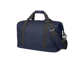 A navy duffle bag with two handles, a shoulder strap, and a front zip pocket. Features a branding logo.