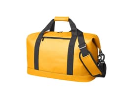 A bright yellow duffle bag made from durable material, featuring black handles and a shoulder strap.