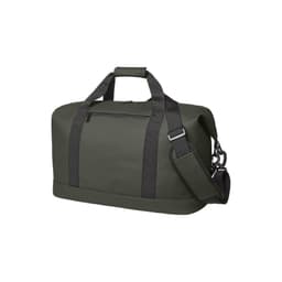 A dark green duffle bag with strong handles and an adjustable shoulder strap, featuring a front zip pocket and branding.