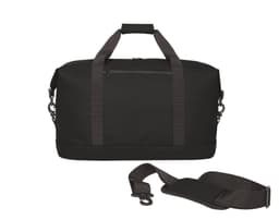 A black duffle bag with sturdy handles and a detachable shoulder strap. It features a zippered pocket and a logo.