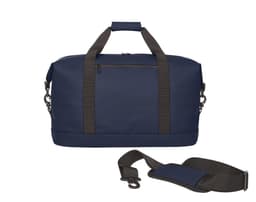 A navy duffle bag with a zip pocket and adjustable shoulder strap, featuring dark grey handles.