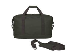 A dark green duffle bag with sturdy handles and an adjustable shoulder strap, featuring a zippered pocket.