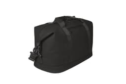 A black duffle bag with a zippered pocket and adjustable shoulder strap. It features sturdy handles and logo branding.