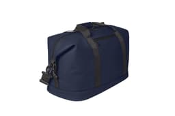 A navy duffle bag with black straps and accents, featuring a zip pocket and a detachable shoulder strap.