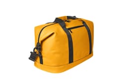 A yellow duffle bag with black straps and zippers, featuring a stylish design and a single shoulder strap.