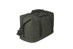 A dark green duffle bag with black straps and a zippered pocket, featuring a logo.