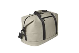 A light grey duffle bag with black straps and a side zipper, featuring a clip attachment and a logo.
