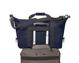 A navy duffle bag with grey accents, featuring a retractable handle and shoulder strap, along with a smaller bag underneath.