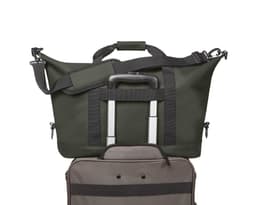 A dark green duffle bag with a handle and shoulder strap, alongside a grey bag. Both have zippers and compartments.