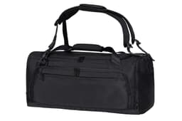 A black duffle bag with multiple zippered compartments and adjustable straps. It features a logo on the surface.