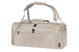 A light beige duffle bag with multiple zipped compartments and adjustable shoulder straps. Features a logo.
