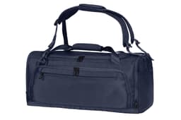 A navy duffle bag with multiple zippered compartments and adjustable shoulder straps, featuring a logo.