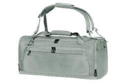 A solid grey duffle bag with multiple zippered pockets and a removable shoulder strap. It has a logo on it.
