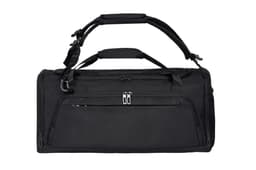 A black duffle bag with multiple compartments, featuring sturdy handles and a removable shoulder strap. It has a logo.