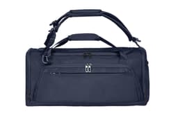 A navy duffle bag with a large zippered compartment, top handles, and a detachable shoulder strap. It has a logo.