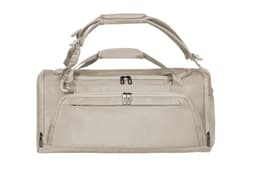 A solid beige duffle bag with multiple carrying handles and a zippered pocket on the front. It features a logo.