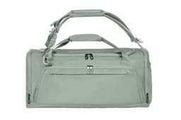 A light green duffle bag with multiple handles and a zippered front pocket, featuring a logo.