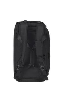 A black duffle bag with adjustable straps and multiple compartments, featuring an interior without contents visible.