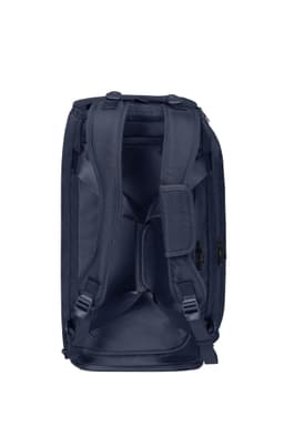 A navy blue duffle bag featuring adjustable straps and a smooth interior. It has one visible logo.