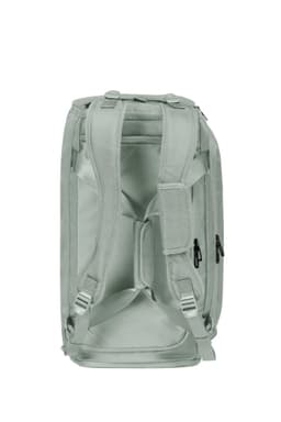 A solid light green duffle bag with multiple compartments and adjustable straps. It features a logo on the side.