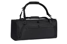 A black duffle bag featuring multiple compartments and an adjustable shoulder strap. It has a logo on the side.