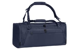A navy duffle bag with a shoulder strap and multiple zippered compartments, featuring a logo.