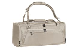 A beige duffle bag with multiple zippered pockets and an adjustable shoulder strap, featuring a logo.