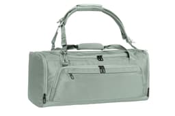 A grey duffle bag with two zippered compartments and adjustable straps, featuring a logo on the side.