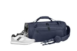 A navy duffle bag with multiple compartments, accompanied by a pair of white athletic shoes. The bag features a logo.