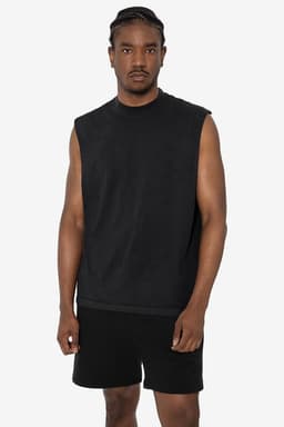 A sleeveless black tee displayed on a model, paired with black shorts. The product includes a logo.