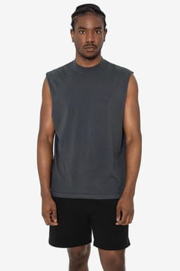 A sleeveless tee in dark grey, featuring a simple design, worn by a model with shorts. It has a logo.
