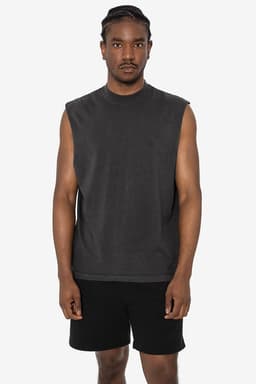 A sleeveless grey tee featuring a crew neck design, paired with black shorts. The model stands against a plain background.