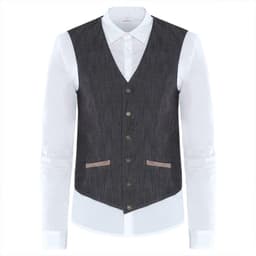 A grey denim vest with a white shirt underneath, featuring a five-button front and two front pockets.