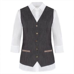 A dark denim vest with a fitted silhouette, featuring a button closure and pockets, layered over a white shirt.