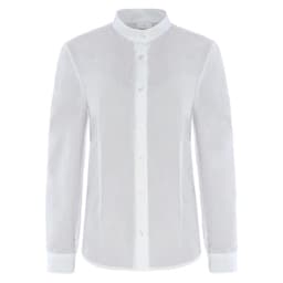 A white long-sleeved shirt with a button-up front and a collar, featuring a crisp, clean design.