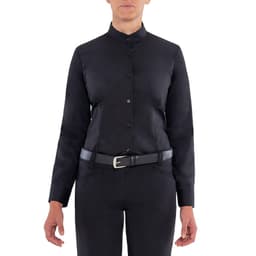 A black long-sleeve shirt with a button-up front and a high collar, worn by a person with a belt.