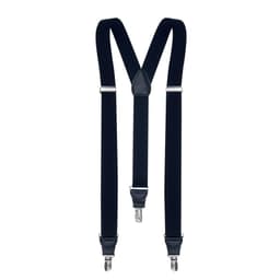 A pair of navy blue braces with silver clips and a leather-like centre connector.