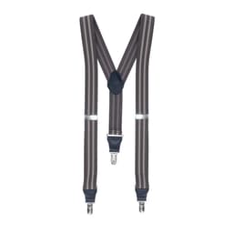 Striped grey braces with leather detailing and metal clips for attachment, featuring a Y-shaped back design.