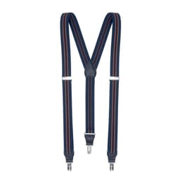 A pair of navy suspenders with orange stripes and metal clips. Features a leather centre piece.