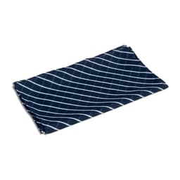 A navy neck scarf with a diagonal white striped pattern, featuring a logo in one corner.