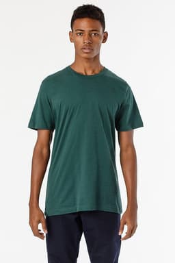 A green short sleeve fine jersey crew tee displayed on a model against a white background. The shirt has a logo.