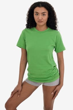 A green short sleeve fine jersey crew tee worn by a model, featuring a simple design and a casual fit.
