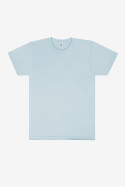 A light blue short sleeve fine jersey crew tee with a simple design and a logo.