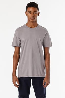A short sleeve fine jersey crew tee in grey, displayed on a model against a plain background. It has a logo on the front.