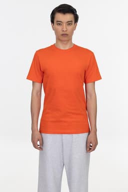 An orange short sleeve fine jersey crew tee displayed on a model wearing grey pants, featuring a logo.