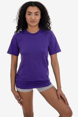 A purple short sleeve fine jersey crew tee displayed on a model, featuring a simple design and a logo.